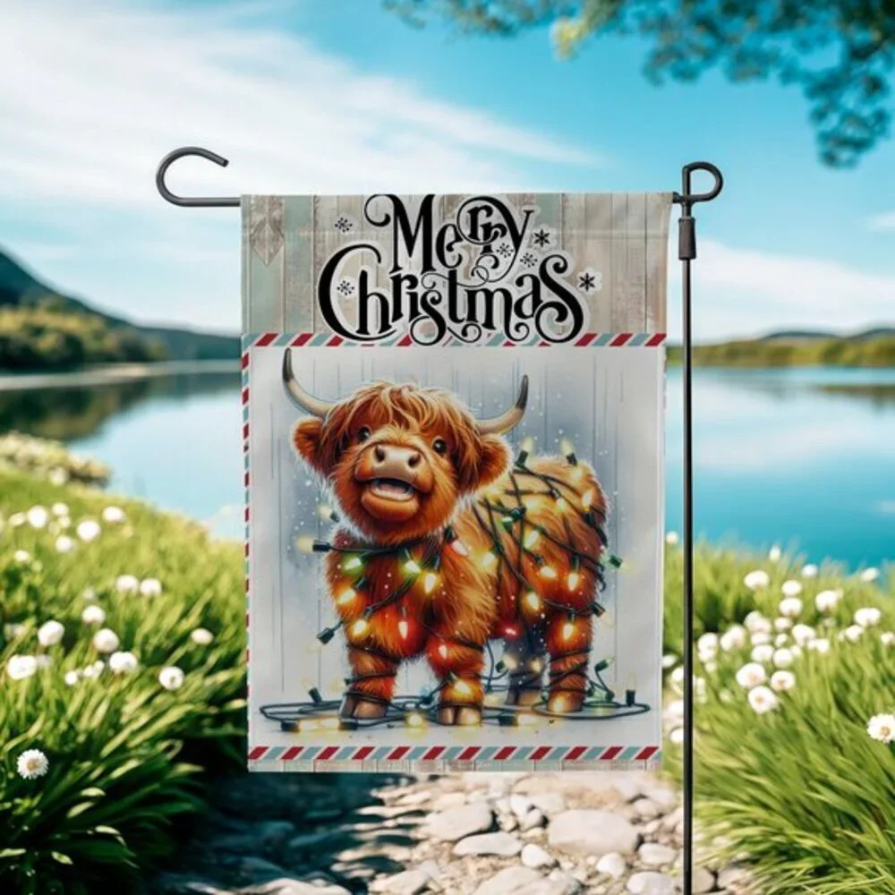Merry Christmas Highland Cow Garden Flag